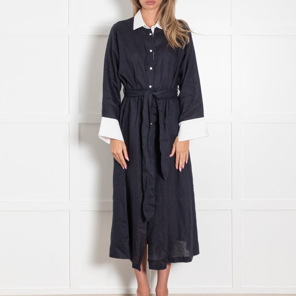 Whyci Navy Blue Linen White Trim Button Up Long Belted Dress