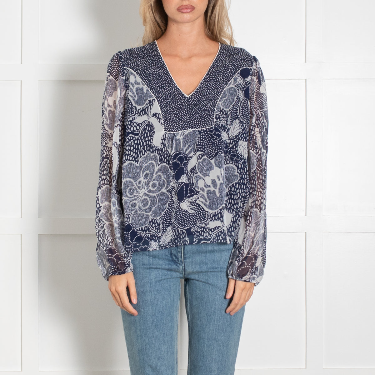 Diane Von Furstenberg Navy White Floral Silk Blouse