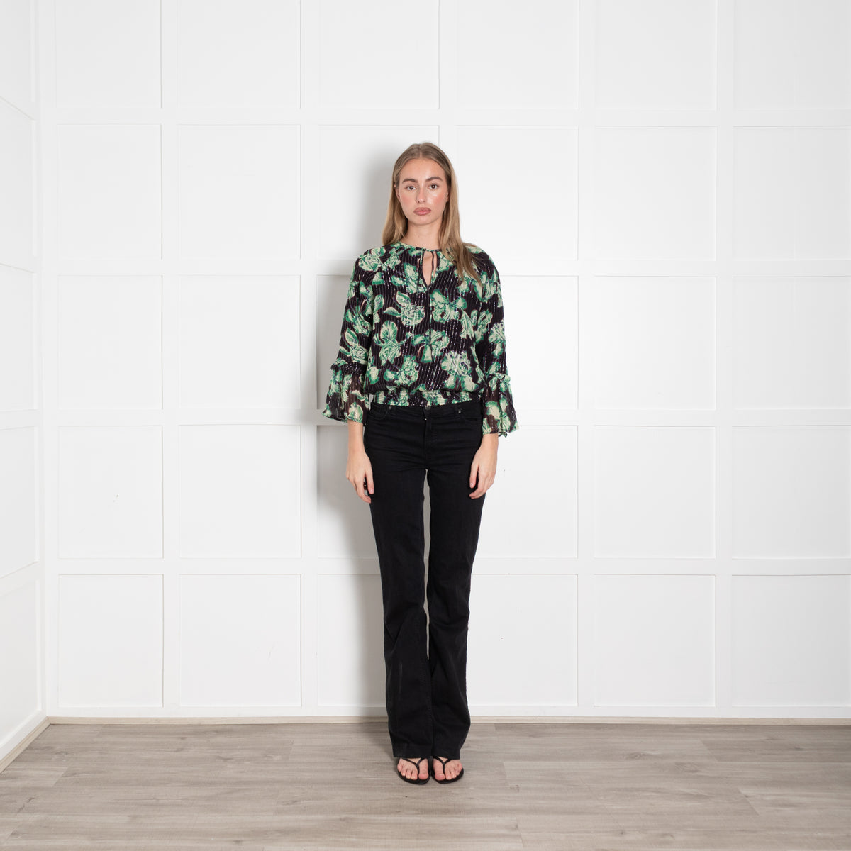 Iris Black Green Floral Silver Thread Detail Top