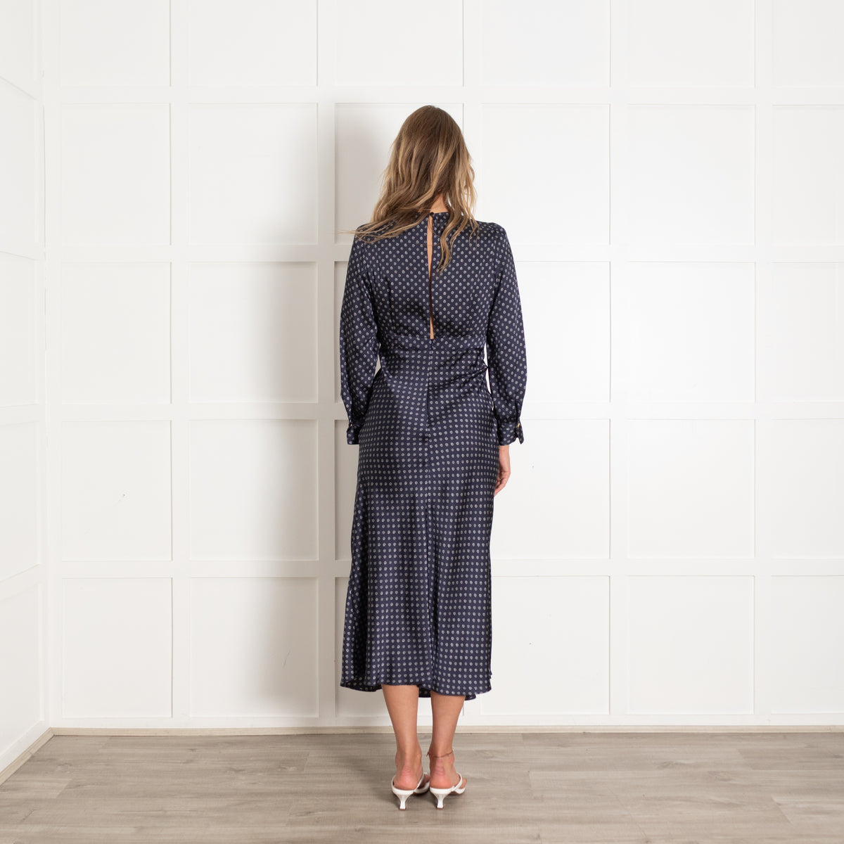 Sandro Navy White Gold Stud Detail Long Sleeve Dress