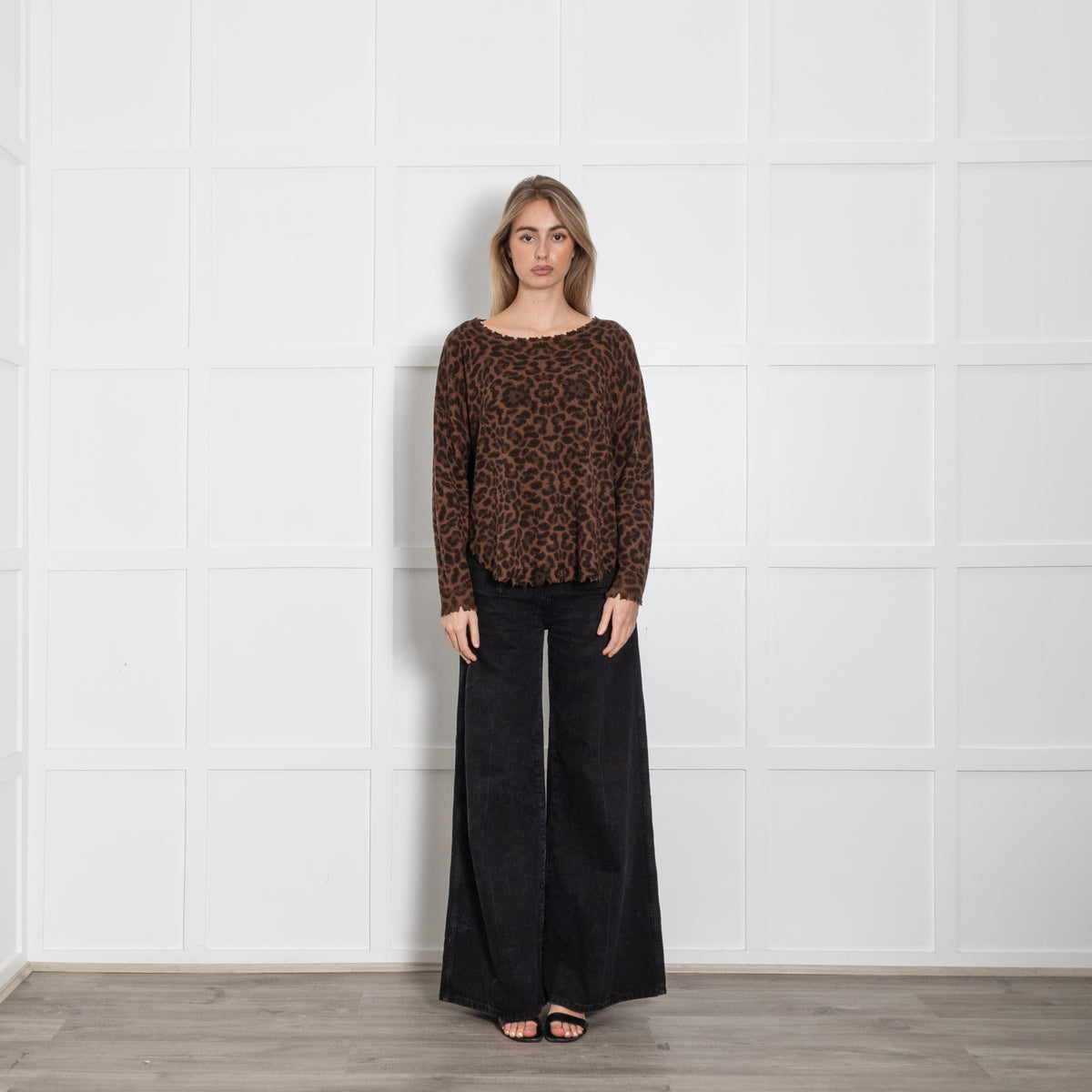 Kujten Brown Leopard Print Distresed Edge Jumper