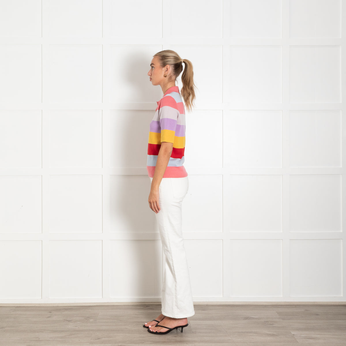 La Double J Coral Lilac Yellow Striped Diamante Button Knit Top