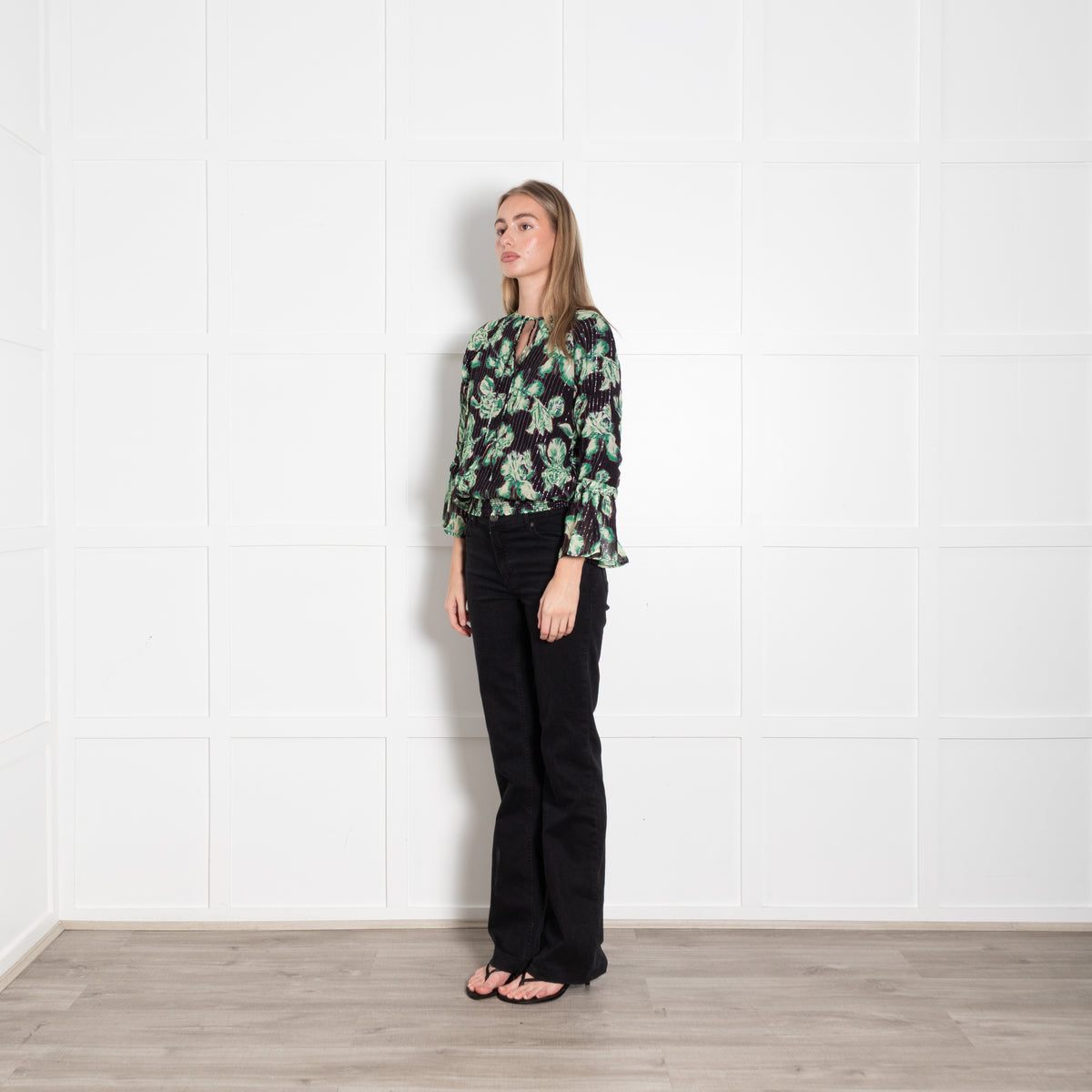 Iris Black Green Floral Silver Thread Detail Top