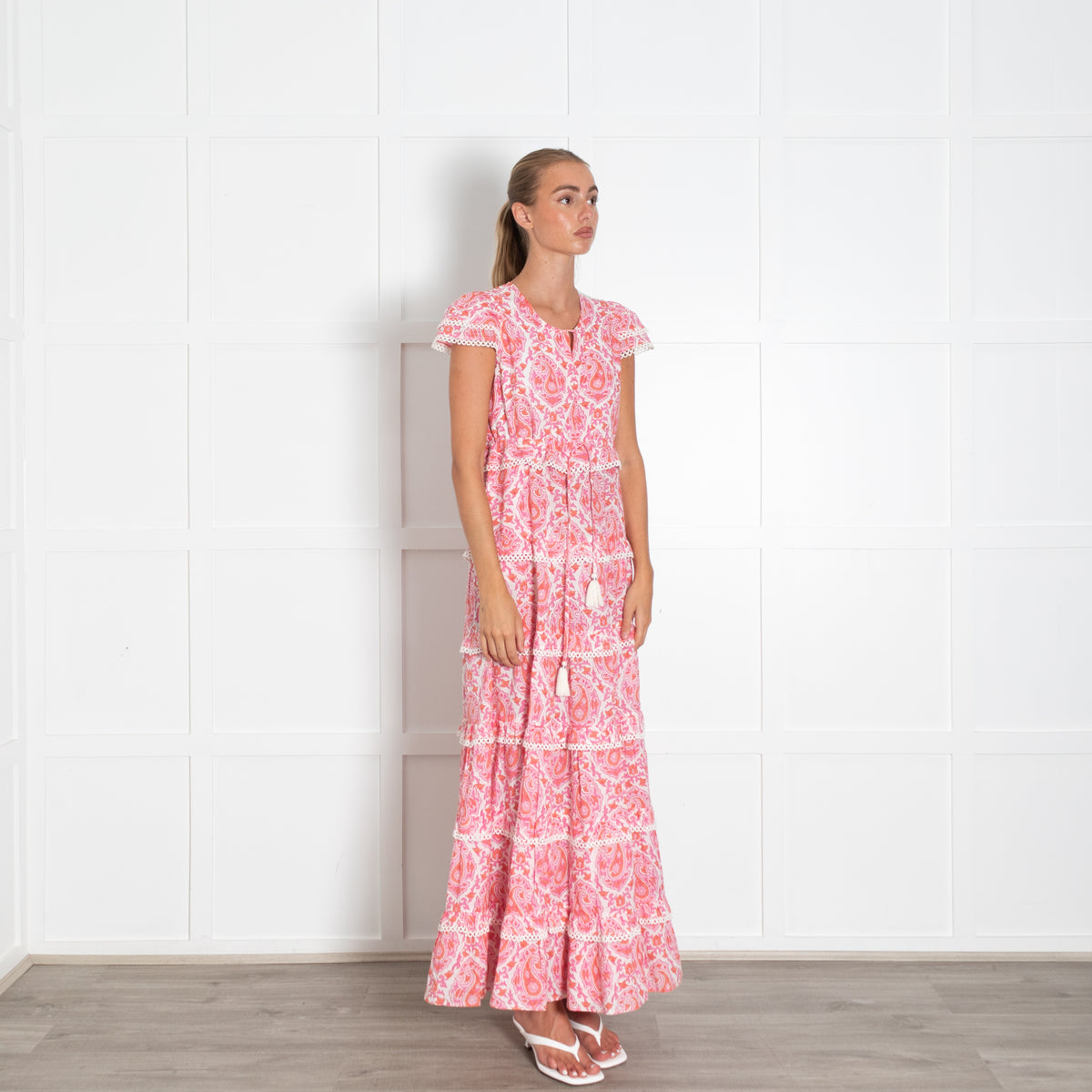 Lexy London White Pink Orange Scallop Trim Maxi Dress