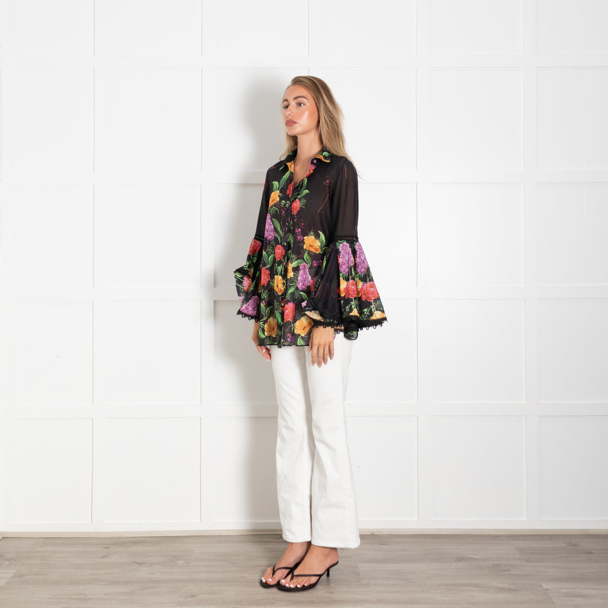 Charo Ruiz Black Floral Blouse With Lace Trim Bell Sleeves