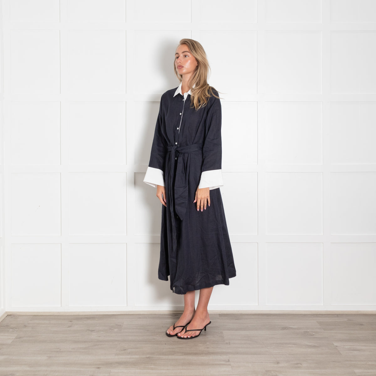 Whyci Navy Blue Linen White Trim Button Up Long Belted Dress