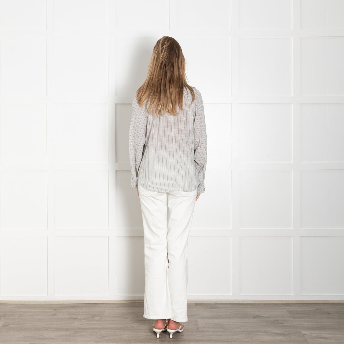 Wrap London Grey Striped Cotton Button-Up Blouse