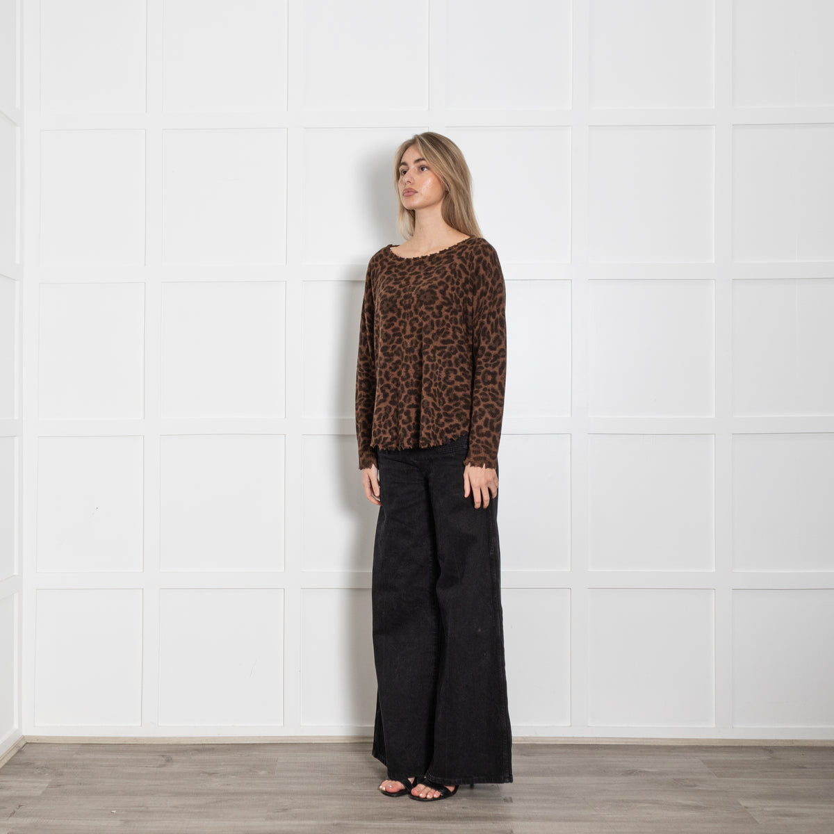 Kujten Brown Leopard Print Distresed Edge Jumper