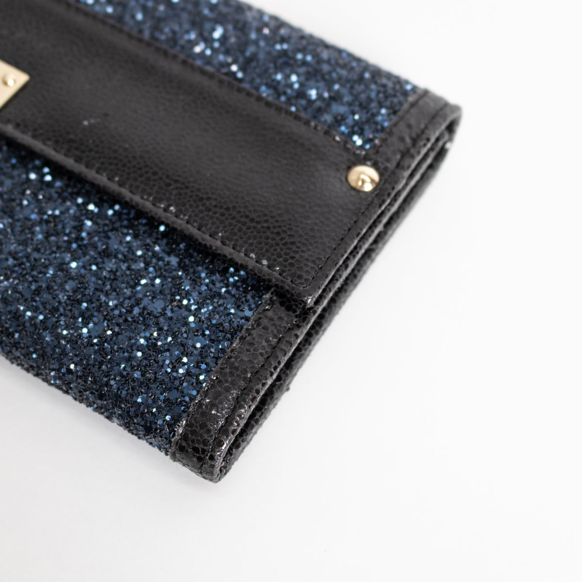Jimmy Choo Navy Blue Glitter Black Leather Trim Clutch Bag
