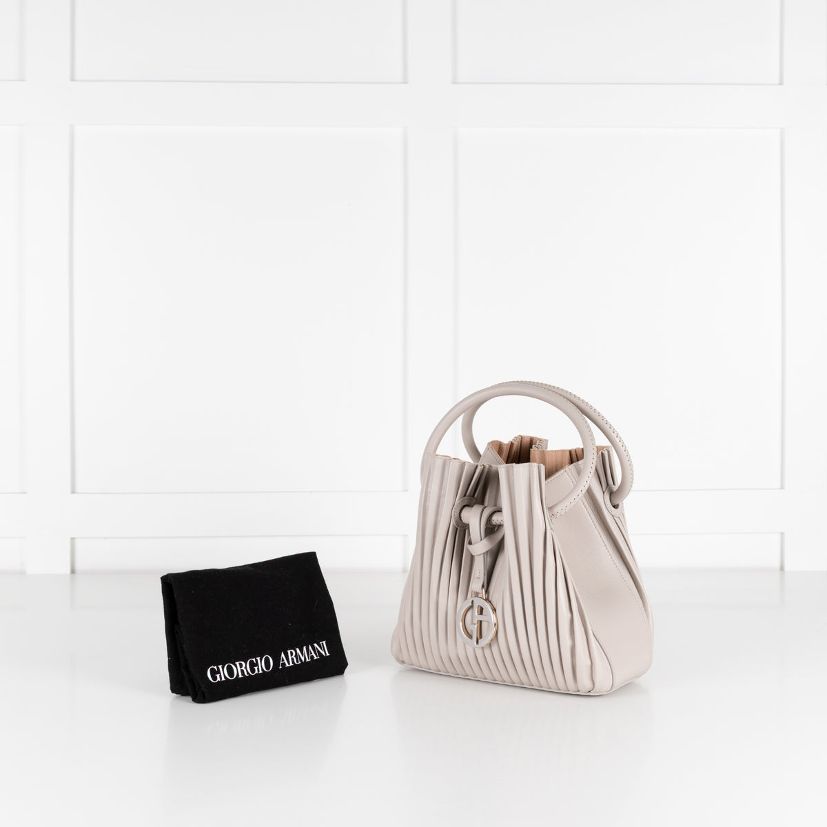 Giorgio Armani Light Grey Pleated Leather Bucket Bag