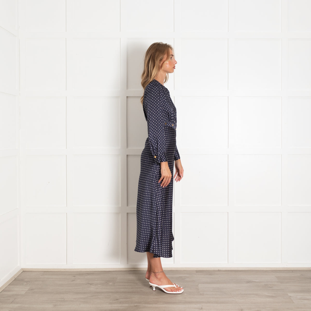 Sandro Navy White Gold Stud Detail Long Sleeve Dress