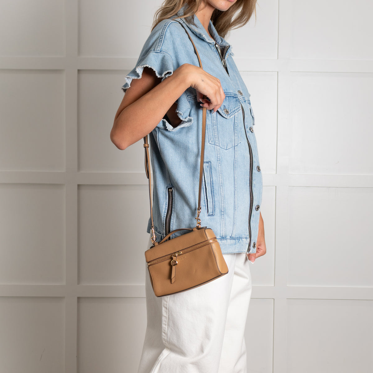 Tory Burch Romy Slim Taupe Leather Crossbody Bag
