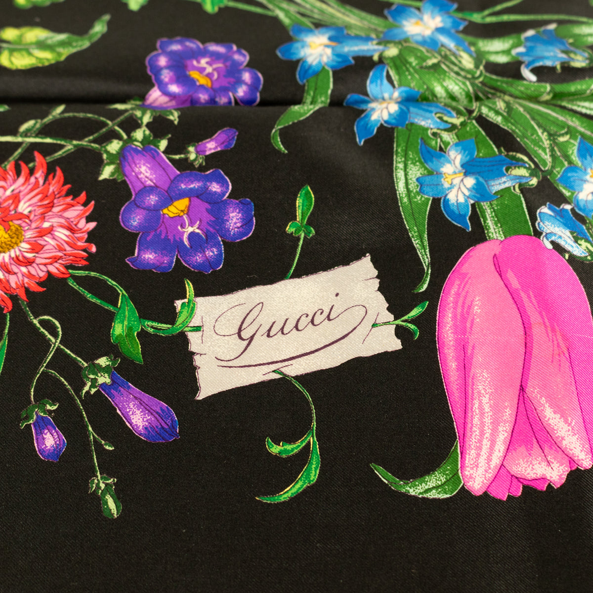 Gucci Black Multi Floral Silk Twill Square Scarf