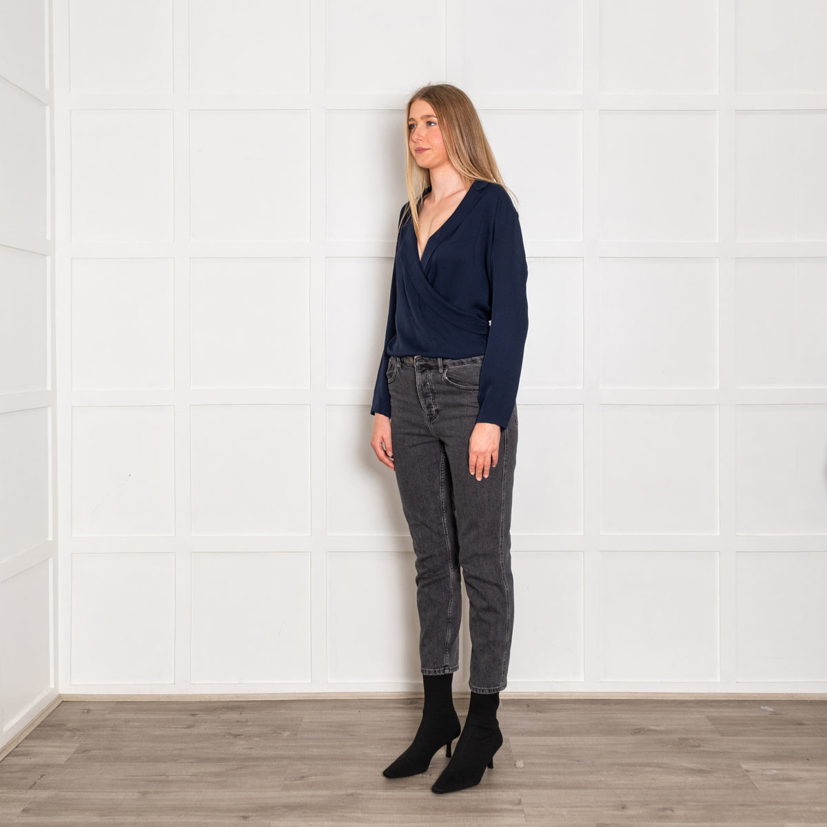 Theory Navy Silk Drawstring Wrap Over Blouse
