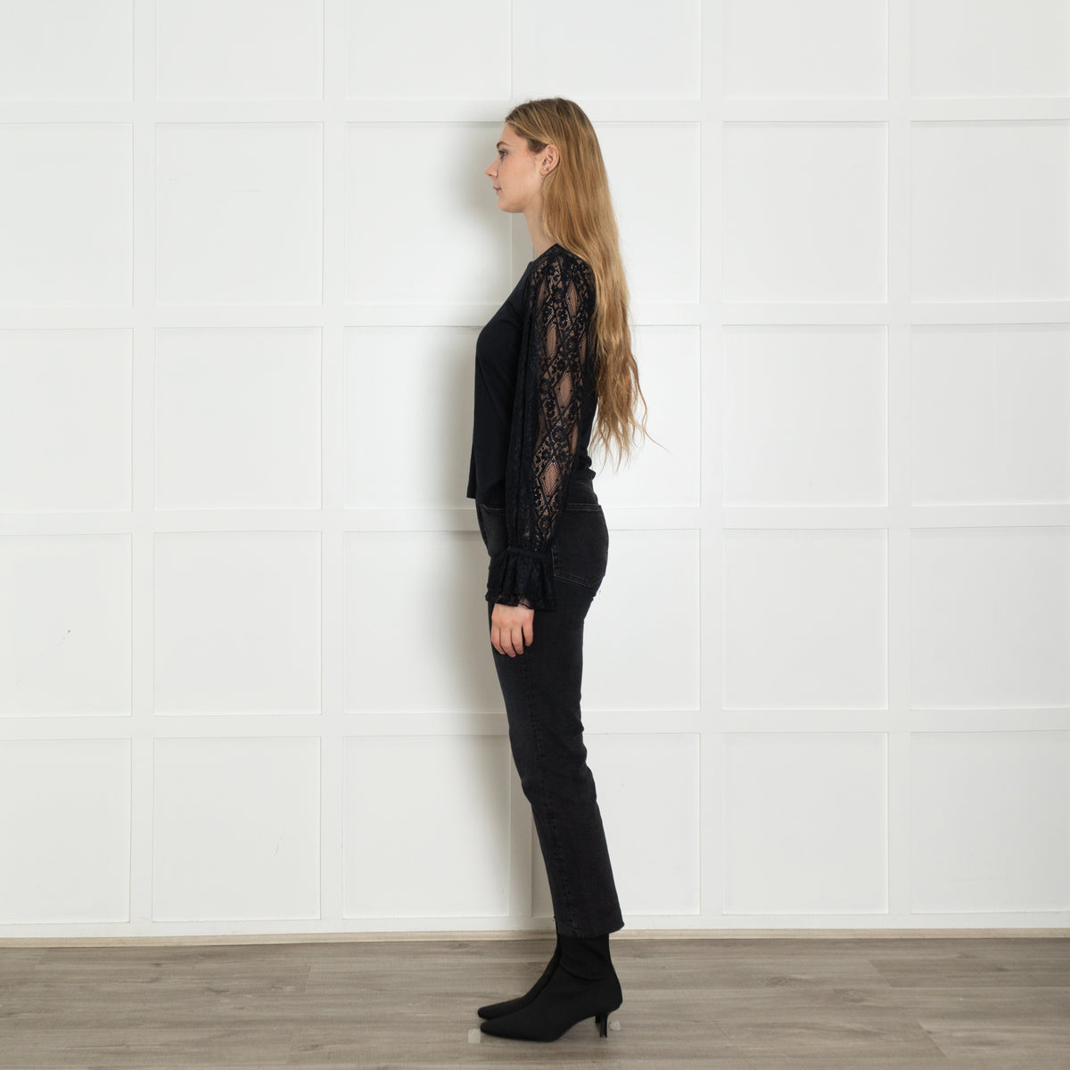 Me+Em Navy Blue Cotton Jersey Blend Lace Sleeve Top