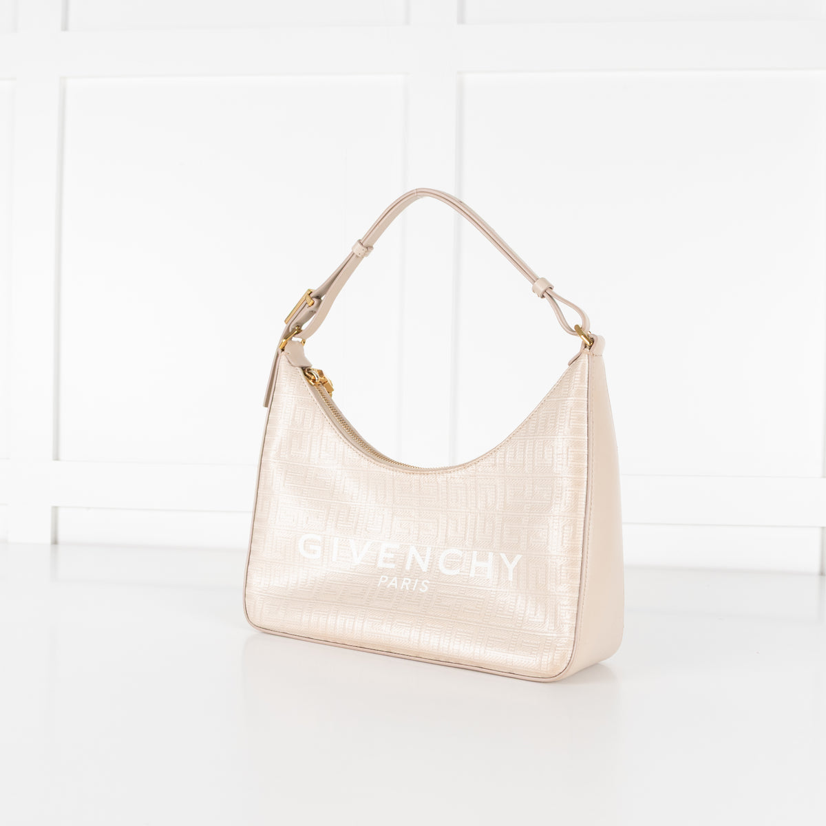 Givenchy Canvas Logo 4G Embossed Small Moon Cut Out Beige Shoulder Bag