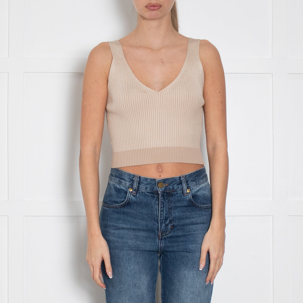 Me+Em Beige Sleeveless Cropped Knitted Top