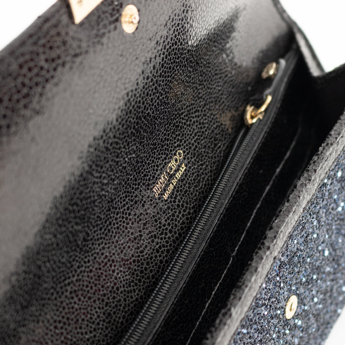 Jimmy Choo Navy Blue Glitter Black Leather Trim Clutch Bag