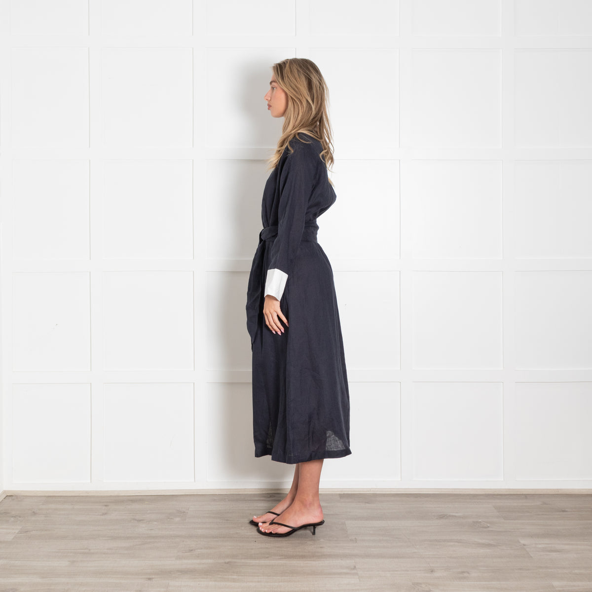 Whyci Navy Blue Linen White Trim Button Up Long Belted Dress