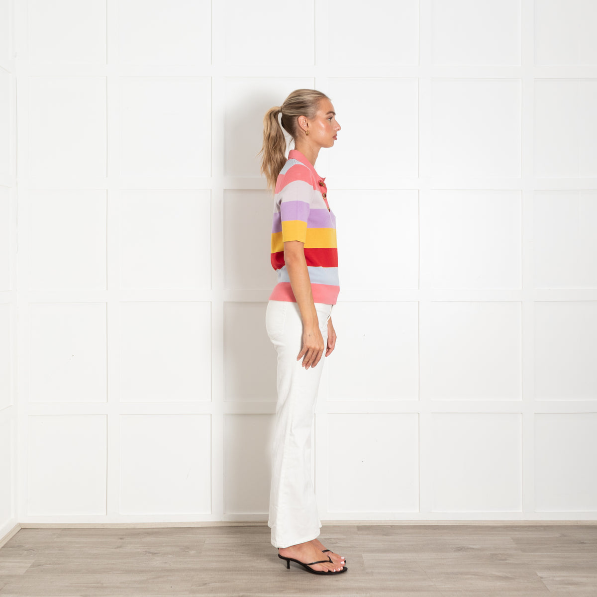 La Double J Coral Lilac Yellow Striped Diamante Button Knit Top