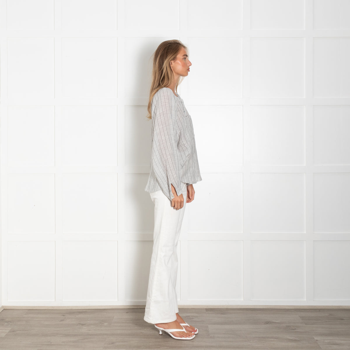 Wrap London Grey Striped Cotton Button-Up Blouse