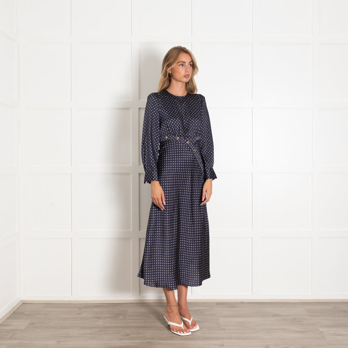 Sandro Navy White Gold Stud Detail Long Sleeve Dress