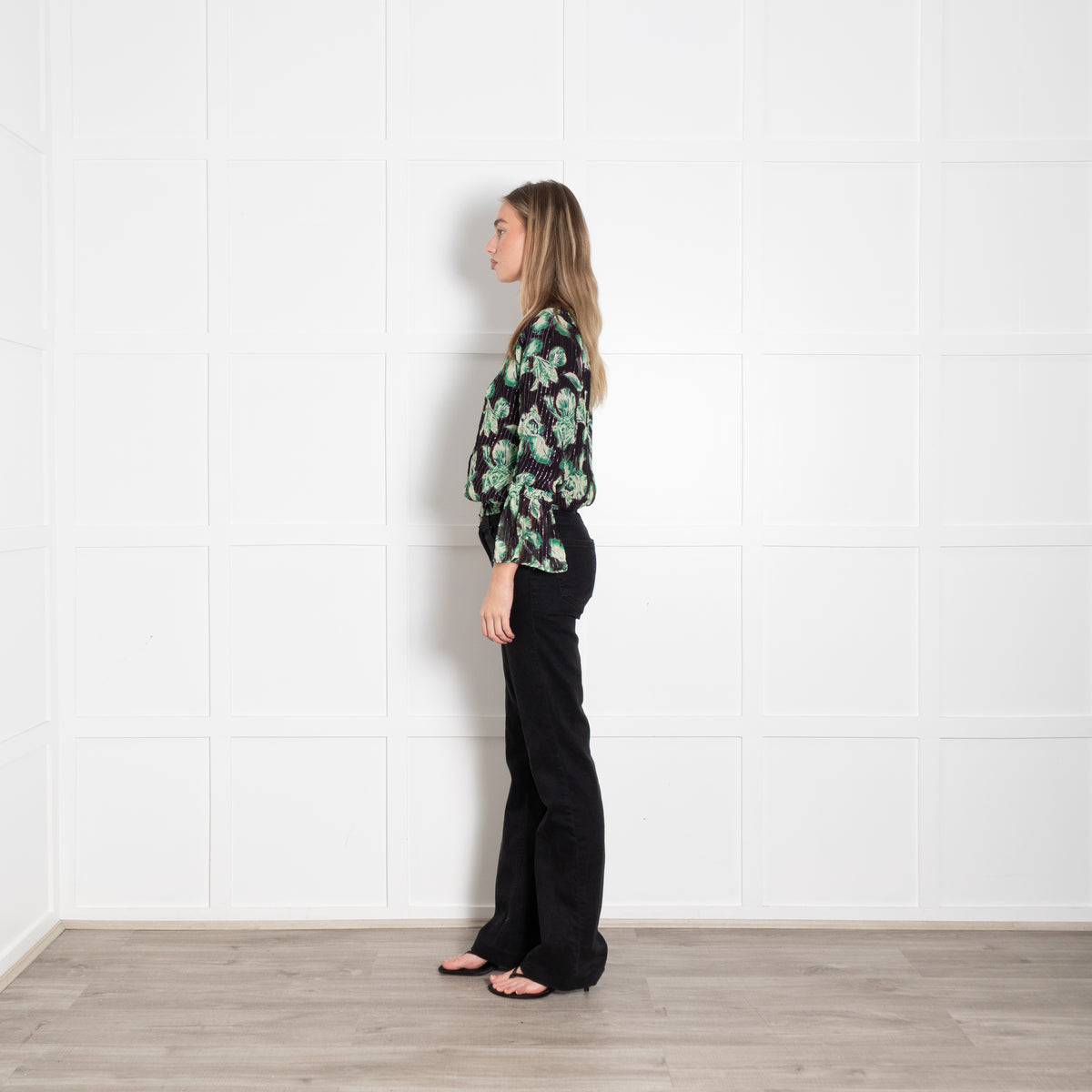 Iris Black Green Floral Silver Thread Detail Top