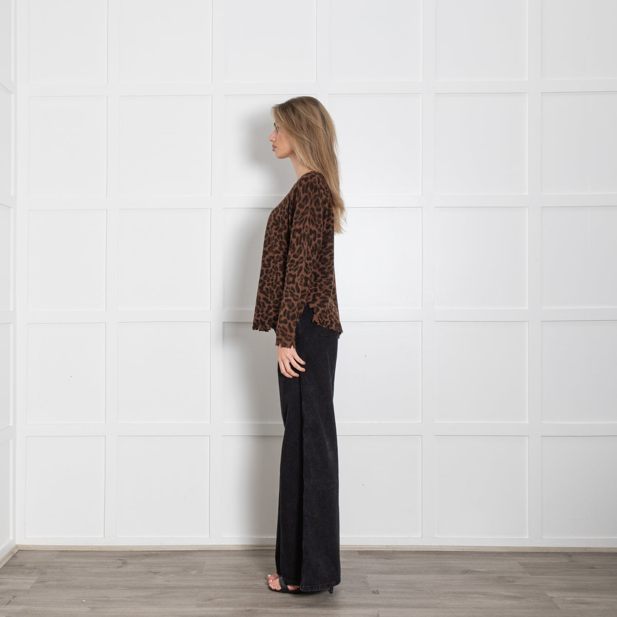 Kujten Brown Leopard Print Distresed Edge Jumper