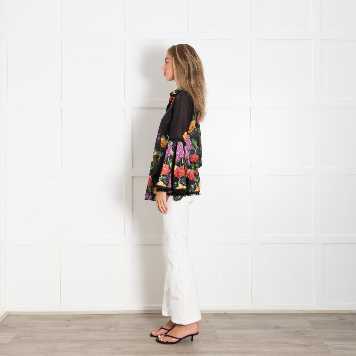 Charo Ruiz Black Floral Blouse With Lace Trim Bell Sleeves