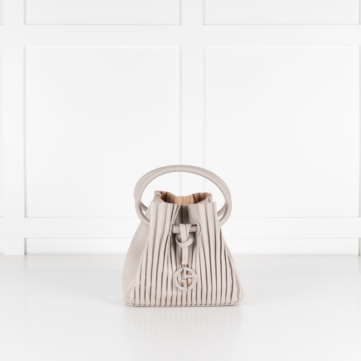 Giorgio Armani Light Grey Pleated Leather Bucket Bag