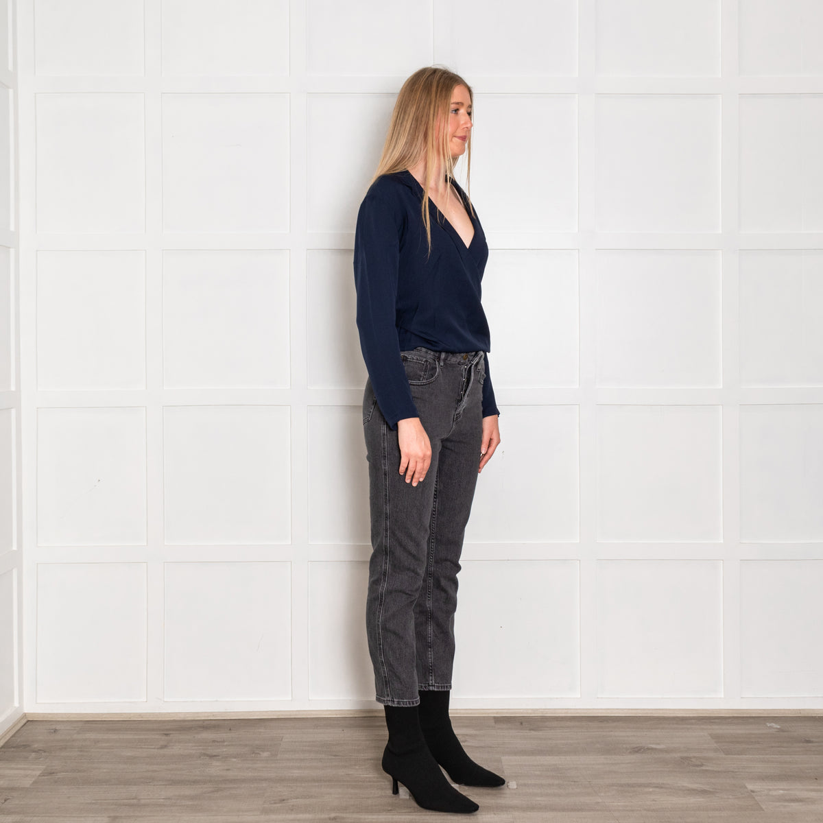 Theory Navy Silk Drawstring Wrap Over Blouse