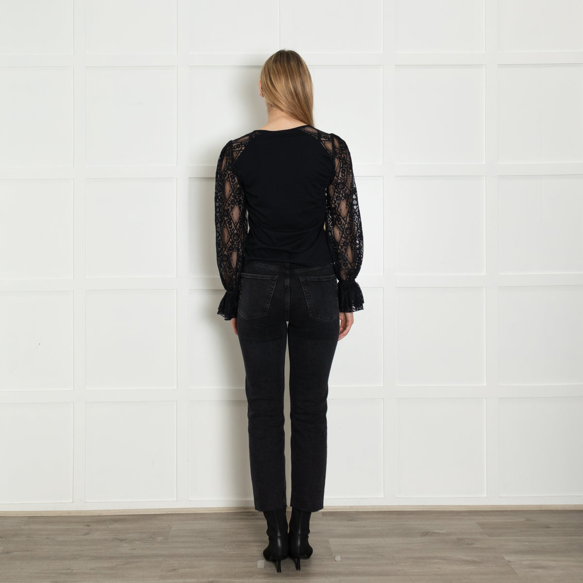 Me+Em Navy Blue Cotton Jersey Blend Lace Sleeve Top