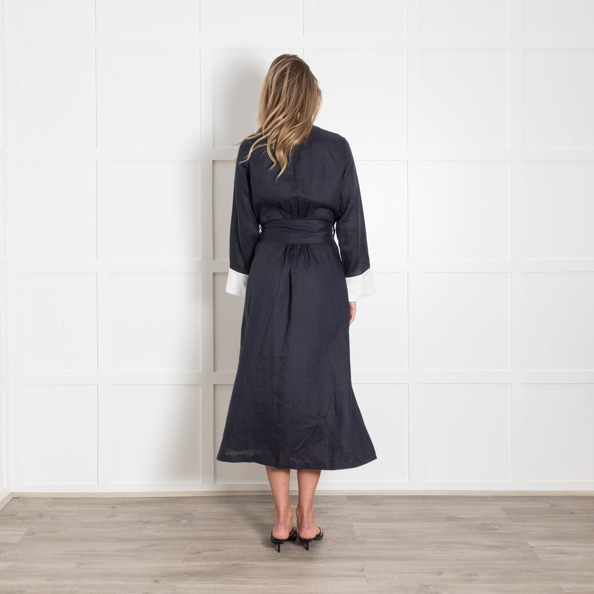 Whyci Navy Blue Linen White Trim Button Up Long Belted Dress