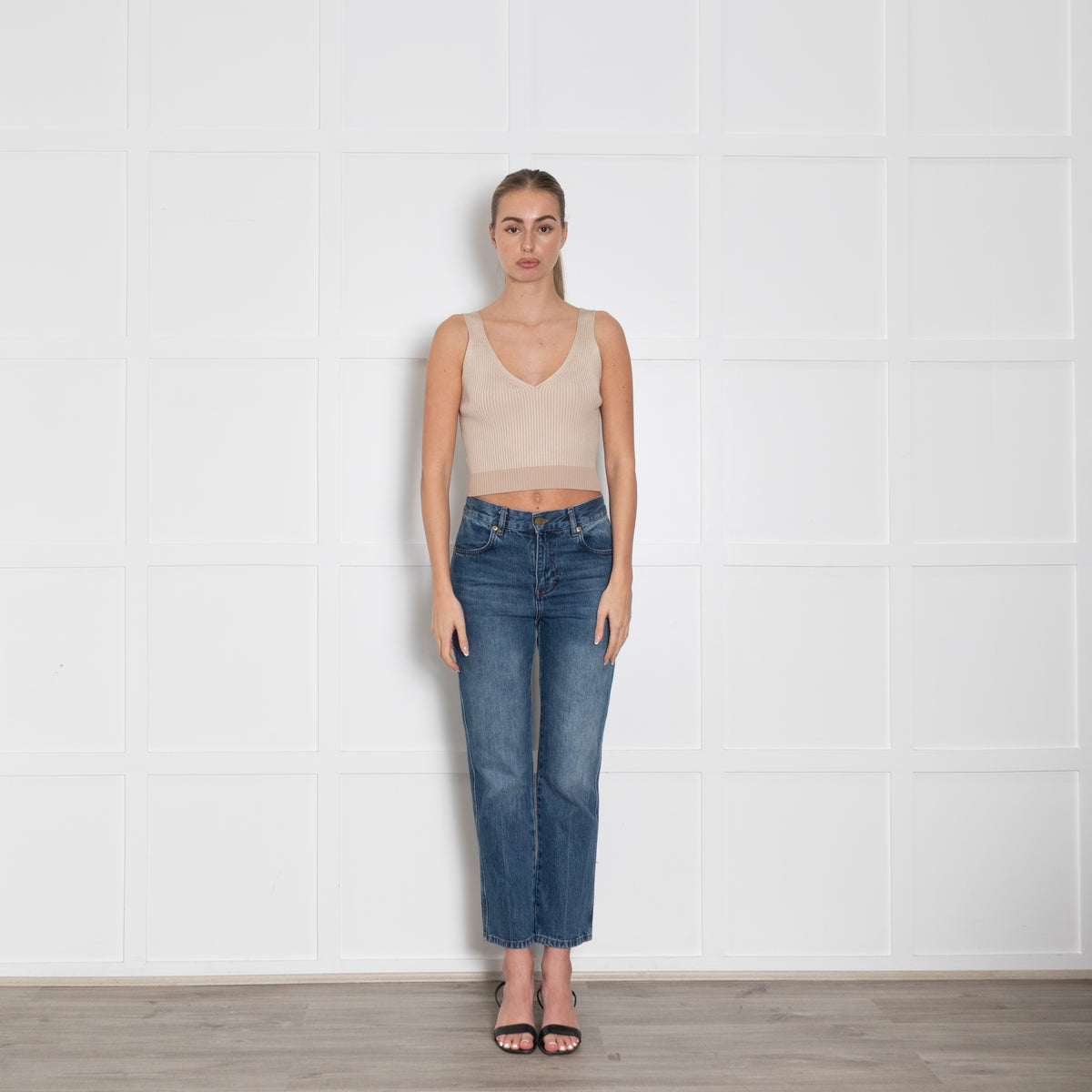 Me+Em Beige Sleeveless Cropped Knitted Top