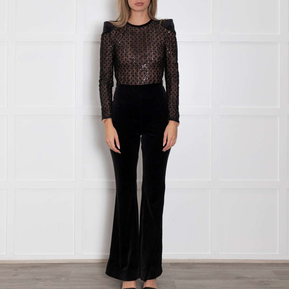 Nadine Merabi Black Velvet Jumpsuit With Sequin Bodice