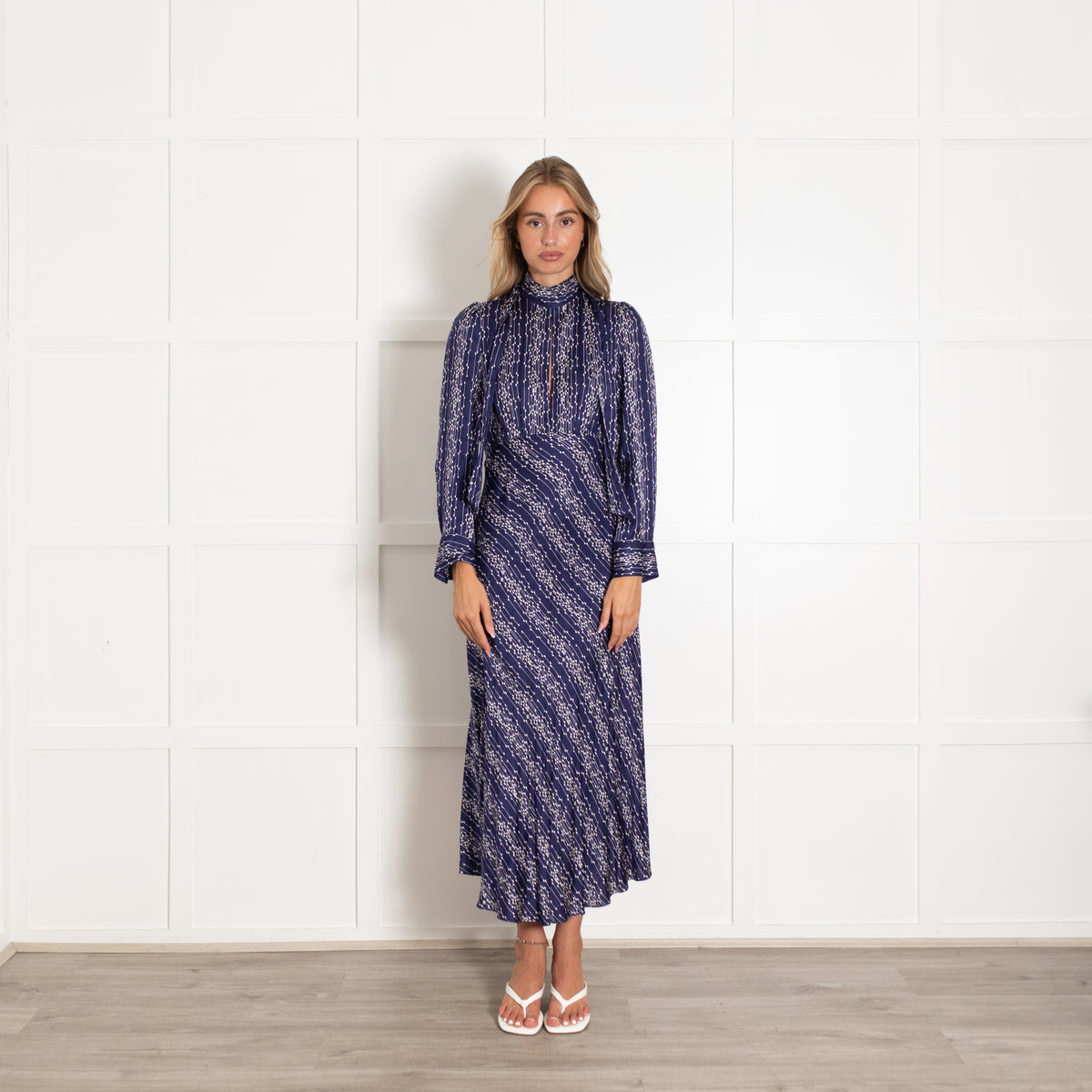 Sandro Navy White Long Sleeve Maxi Dress