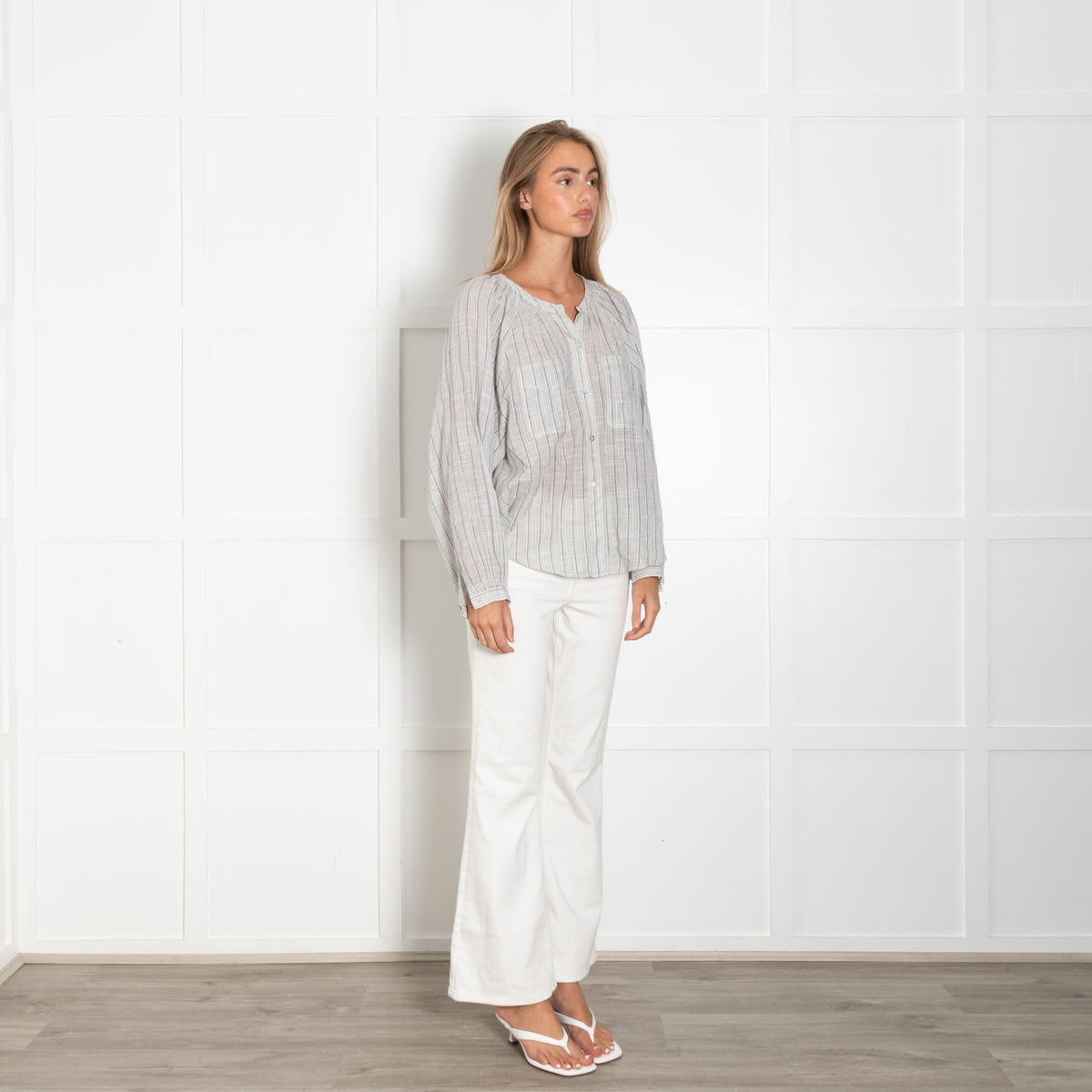 Wrap London Grey Striped Cotton Button-Up Blouse
