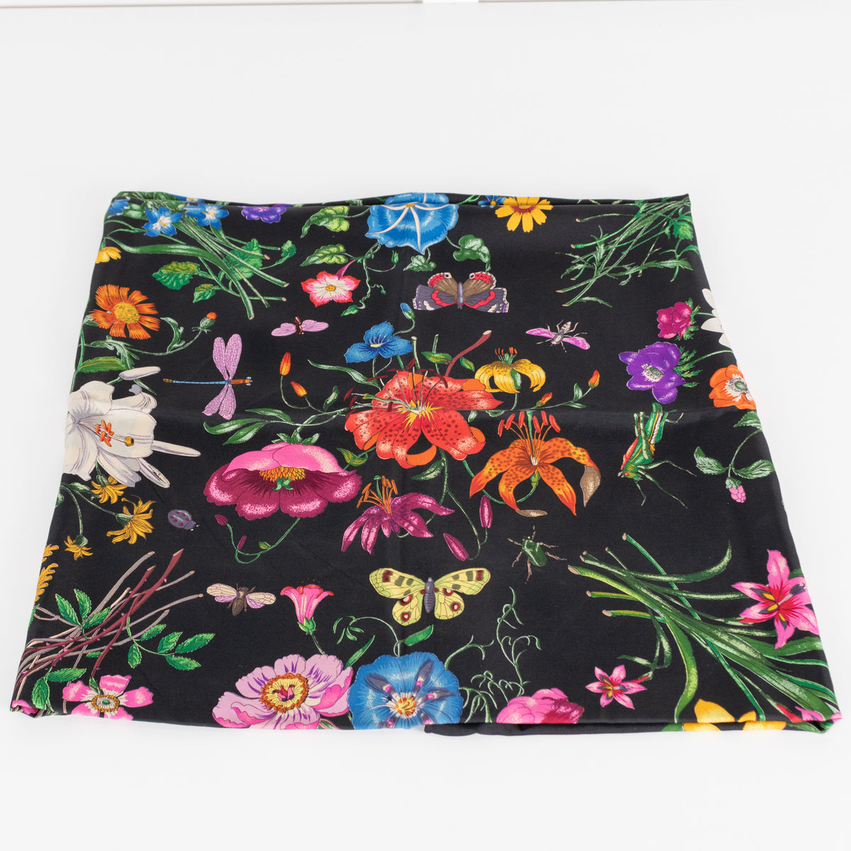Gucci Black Multi Floral Silk Twill Square Scarf