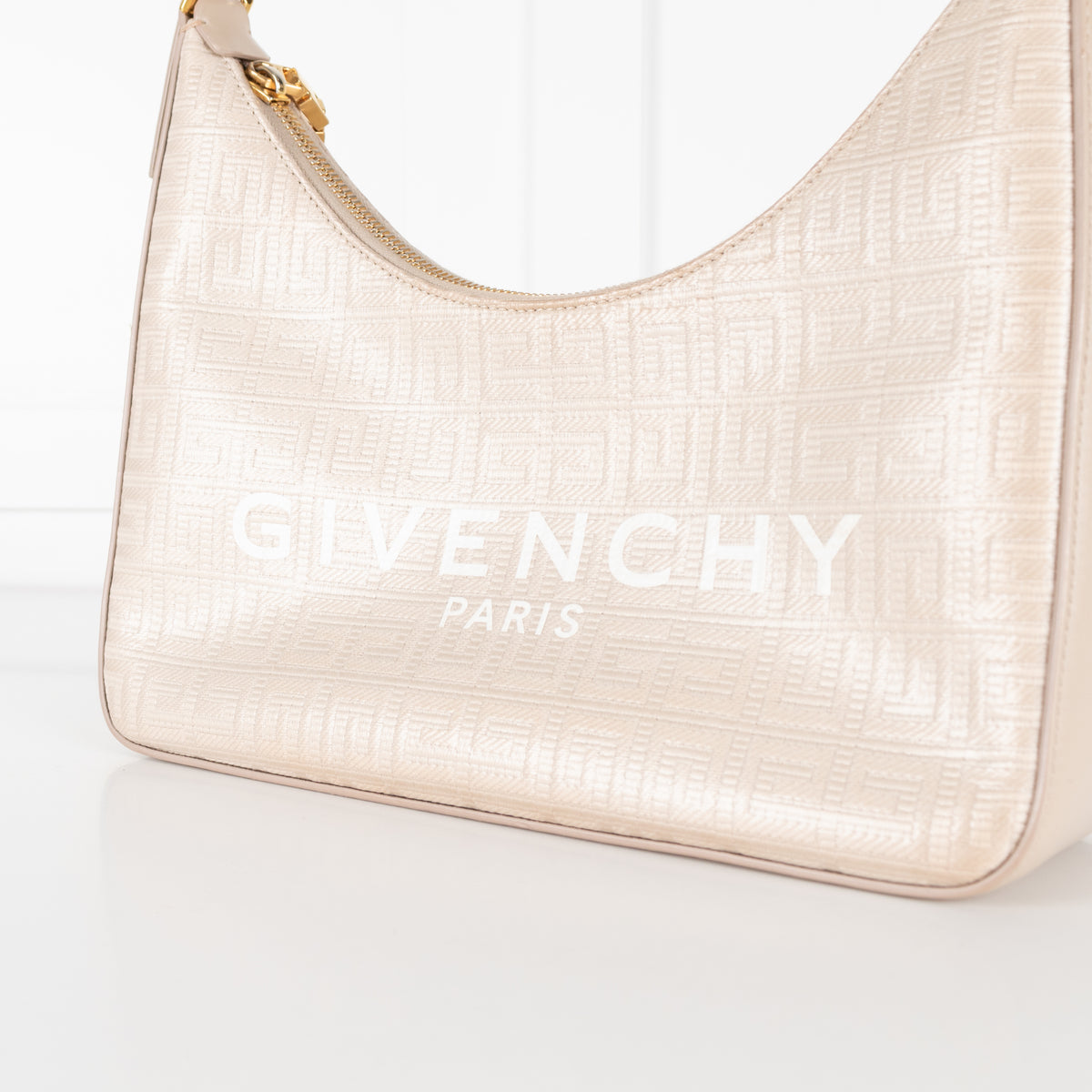 Givenchy Canvas Logo 4G Embossed Small Moon Cut Out Beige Shoulder Bag