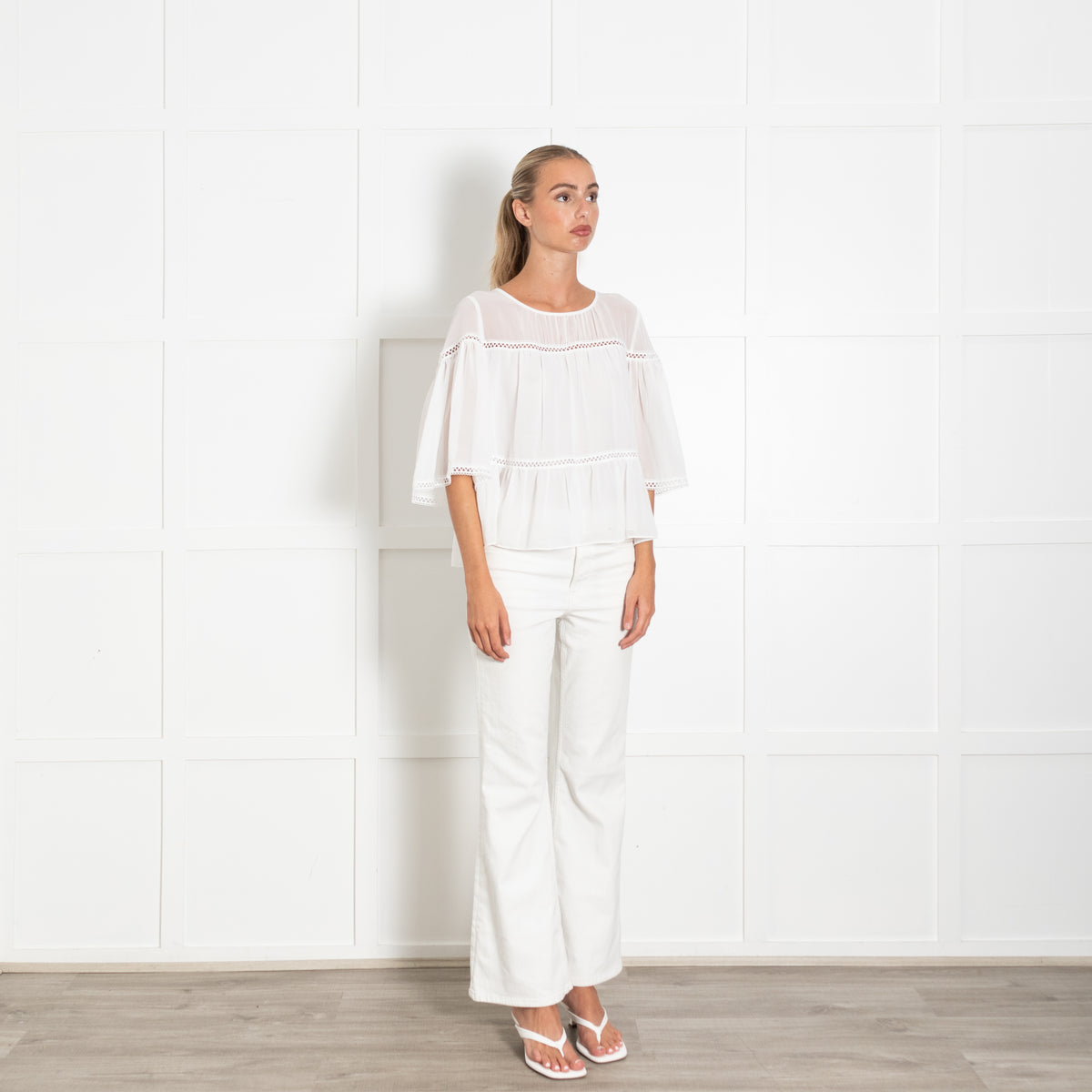 Max Studio White Sheer Tiered Blouse