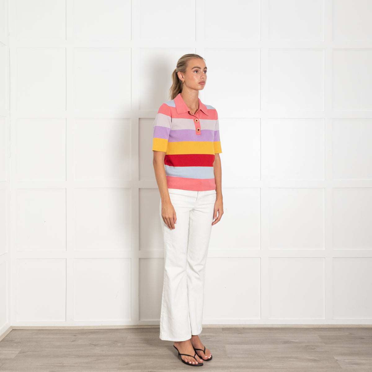 La Double J Coral Lilac Yellow Striped Diamante Button Knit Top