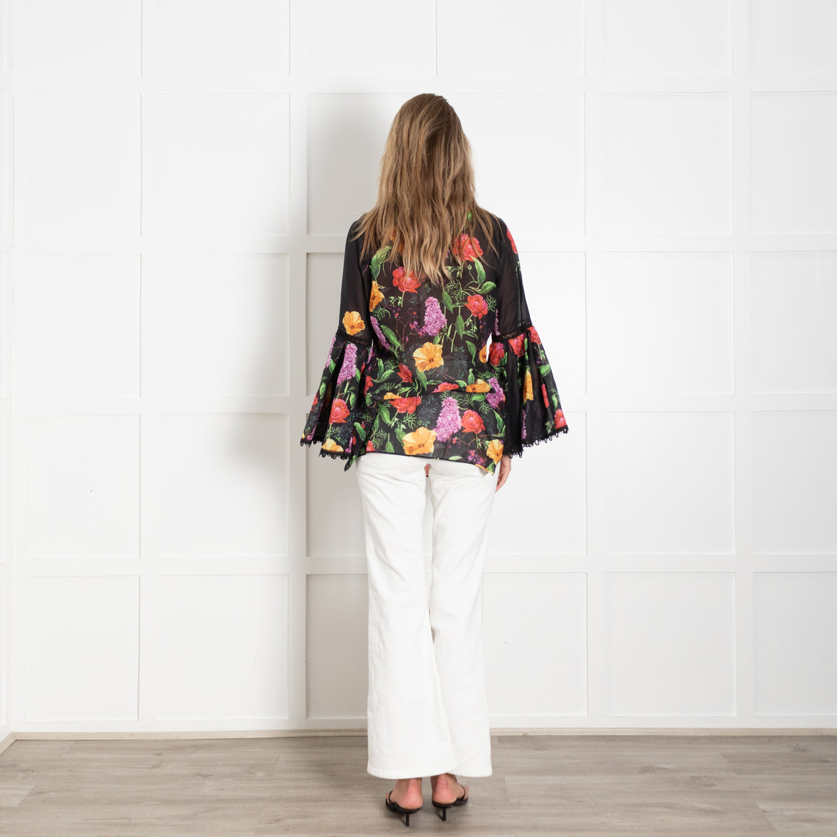 Charo Ruiz Black Floral Blouse With Lace Trim Bell Sleeves