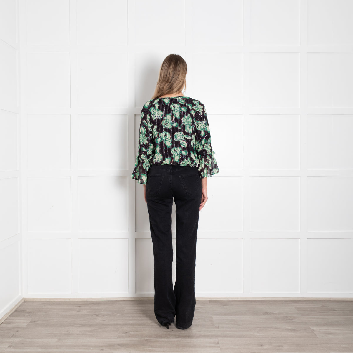 Iris Black Green Floral Silver Thread Detail Top