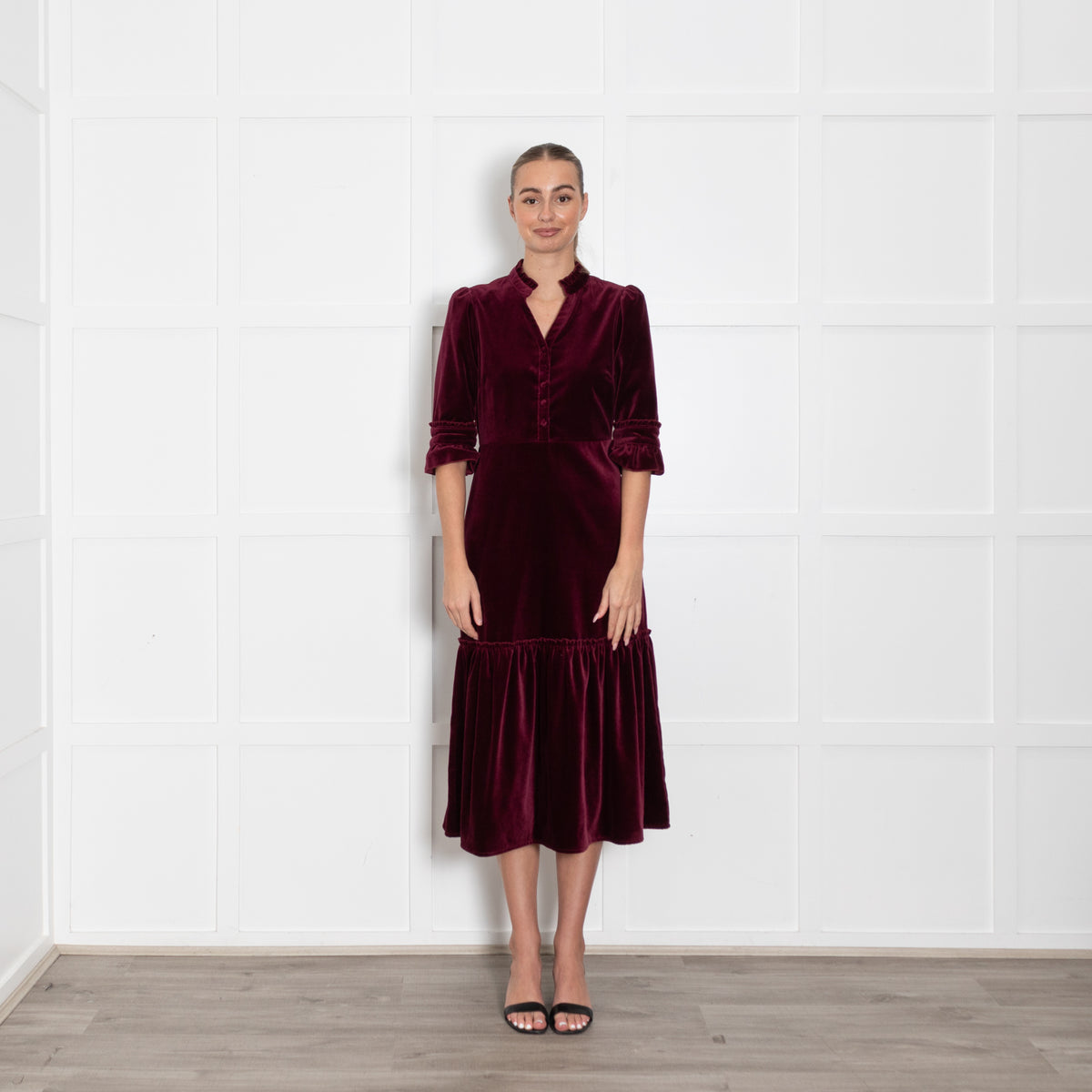 Wyse Dark Burgundy Velvet Dress With Pleat Detail