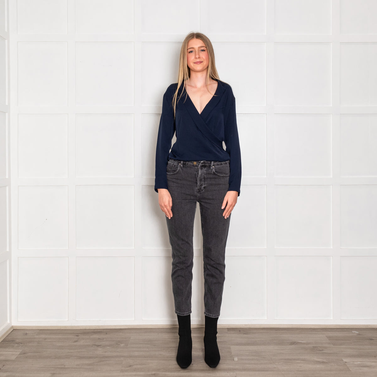 Theory Navy Silk Drawstring Wrap Over Blouse