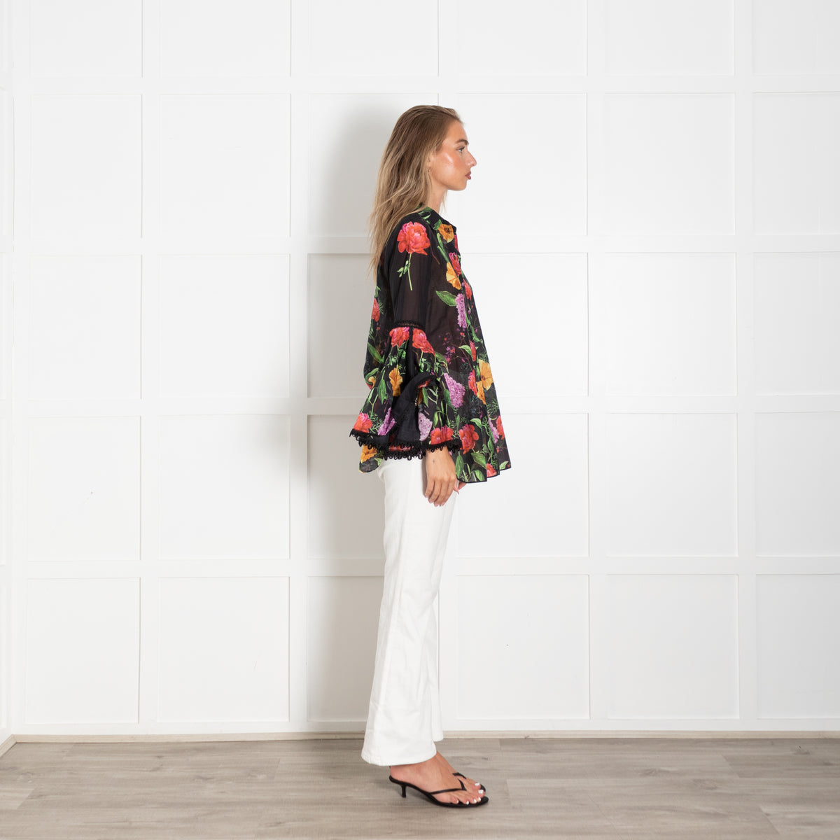 Charo Ruiz Black Floral Blouse With Lace Trim Bell Sleeves
