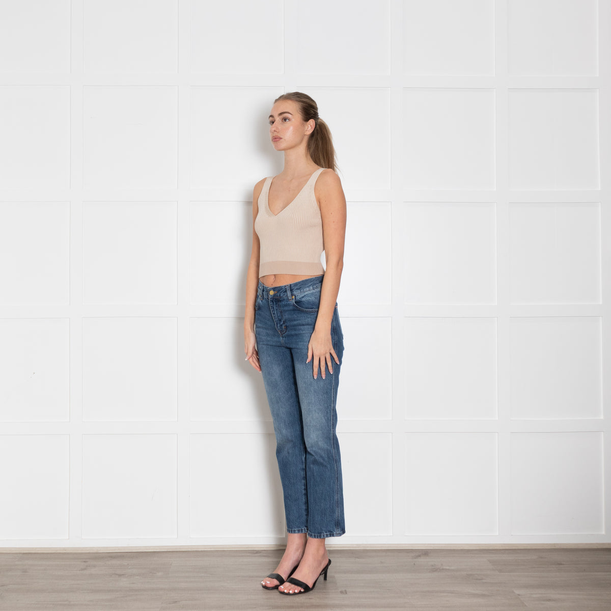 Me+Em Beige Sleeveless Cropped Knitted Top