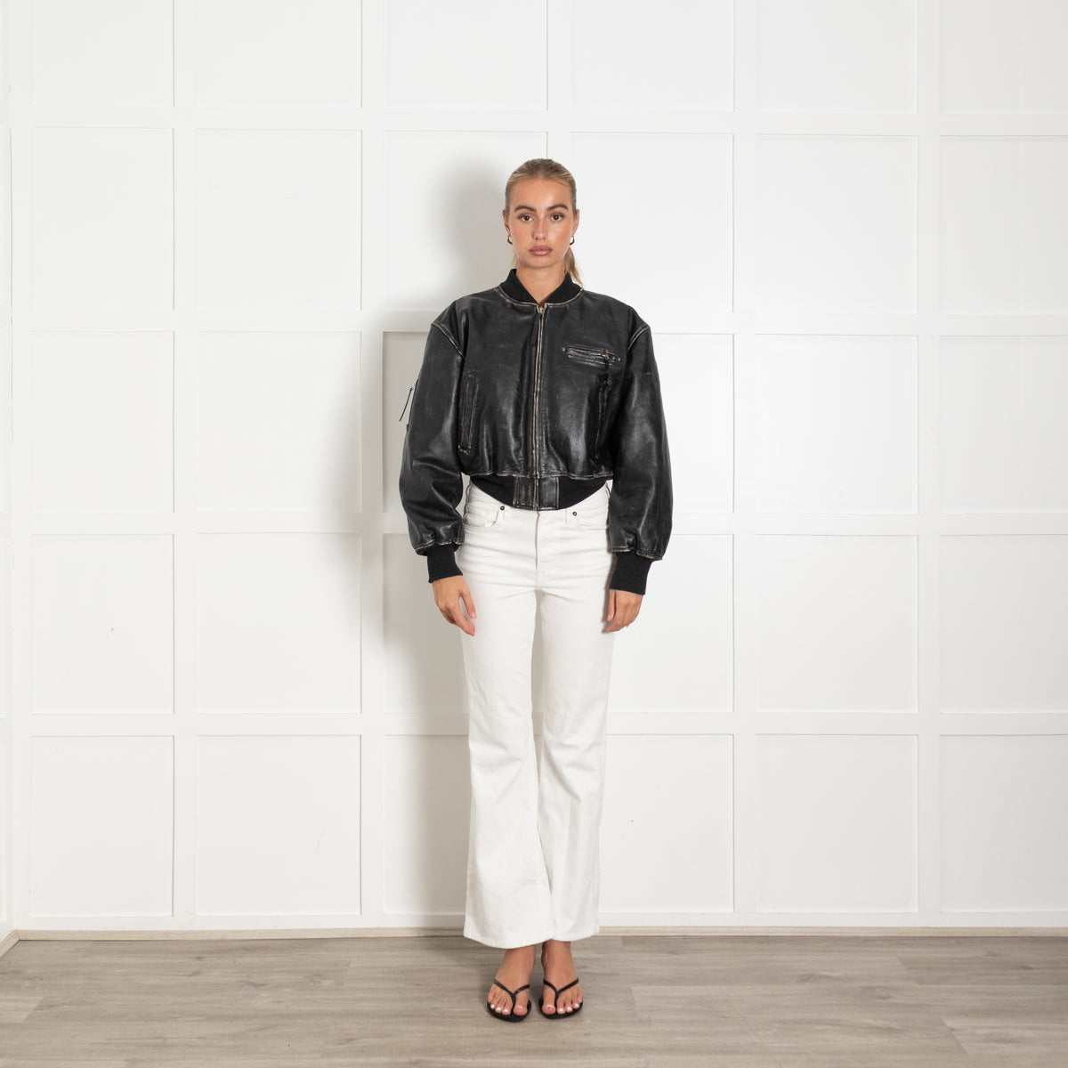 Acne Studios Black Cream Distressed Leather Jacket