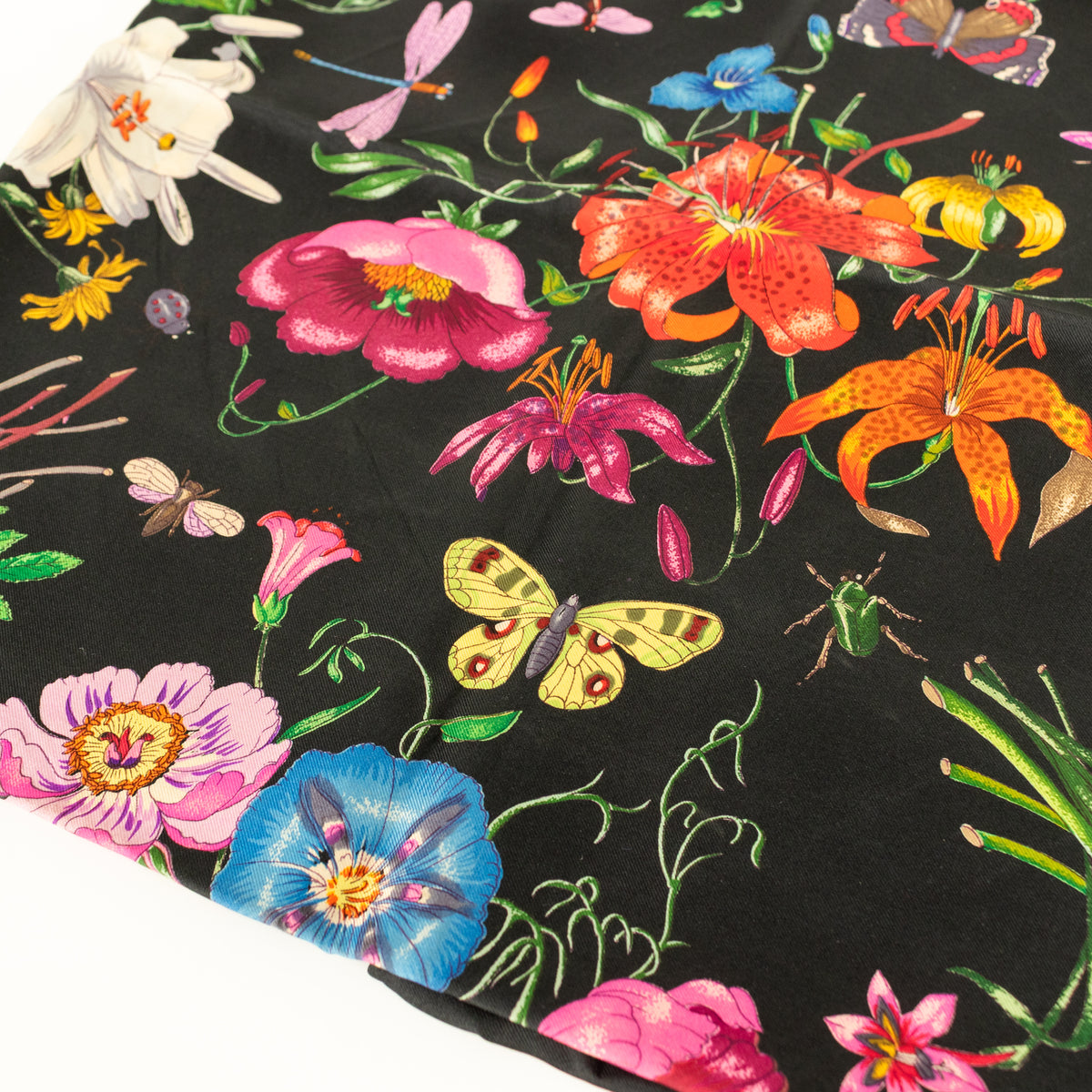 Gucci Black Multi Floral Silk Twill Square Scarf