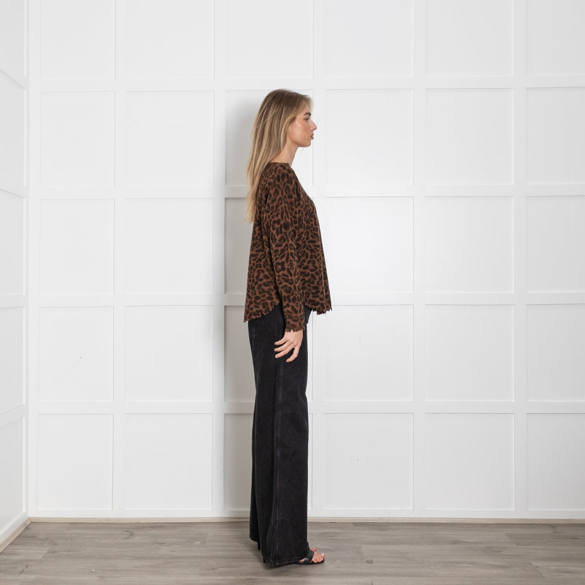 Kujten Brown Leopard Print Distresed Edge Jumper